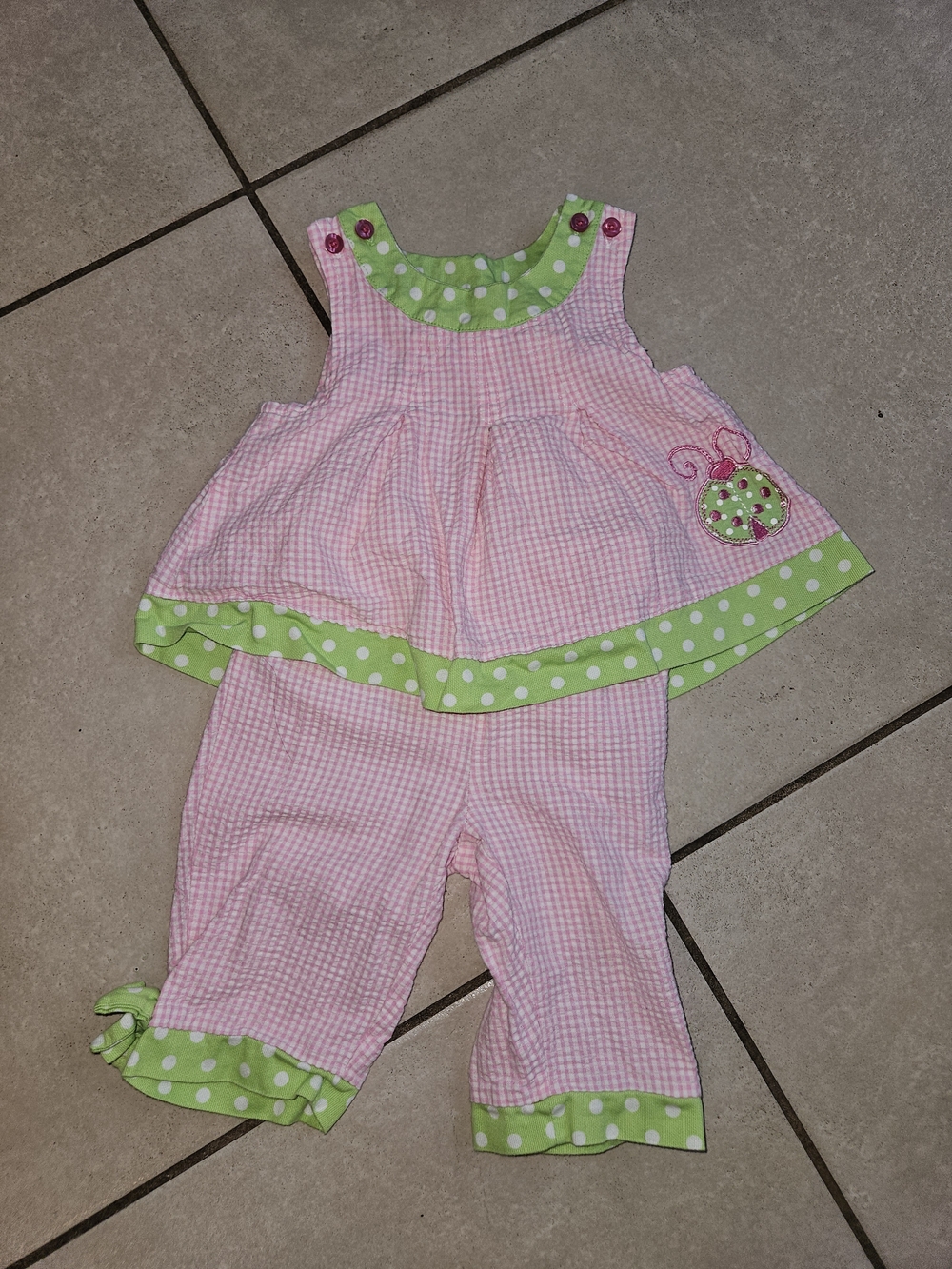 Girls' Pink Gingham Matching Set with Green Polka Dot Trim